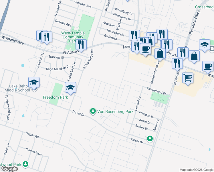 map of restaurants, bars, coffee shops, grocery stores, and more near 8015 West Adams Avenue in Temple