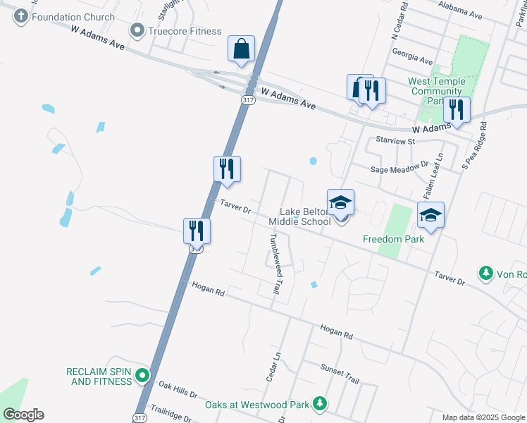 map of restaurants, bars, coffee shops, grocery stores, and more near 9124 Lonesome Oak Drive in Temple
