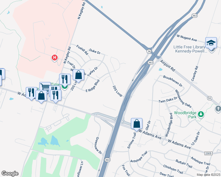 map of restaurants, bars, coffee shops, grocery stores, and more near 4709 205 Loop in Temple