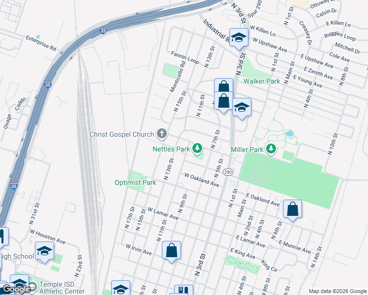 map of restaurants, bars, coffee shops, grocery stores, and more near 602 Park Place Lane in Temple