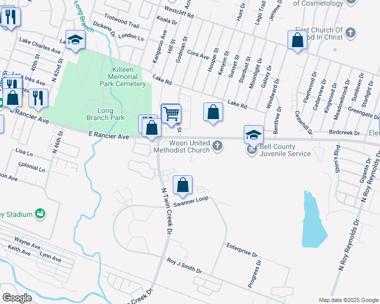 map of restaurants, bars, coffee shops, grocery stores, and more near 1006 Eastside Drive in Killeen