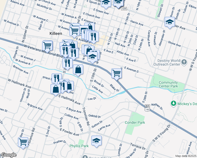 map of restaurants, bars, coffee shops, grocery stores, and more near 509 Brook Drive in Killeen