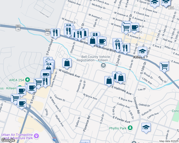 map of restaurants, bars, coffee shops, grocery stores, and more near 603 Wolf Street in Killeen