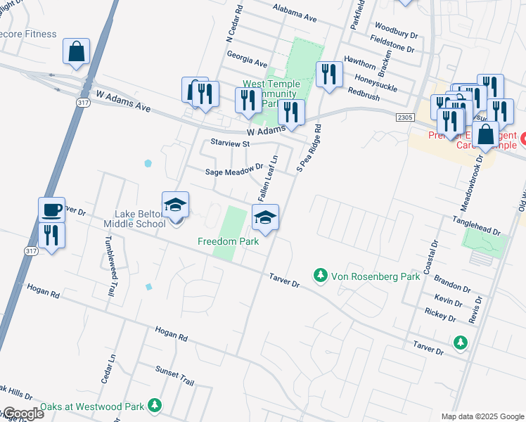 map of restaurants, bars, coffee shops, grocery stores, and more near 604 South Pea Ridge Road in Temple