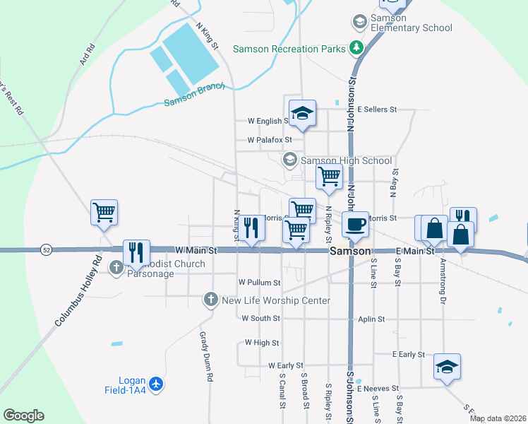 map of restaurants, bars, coffee shops, grocery stores, and more near 300 West Morris Street in Samson