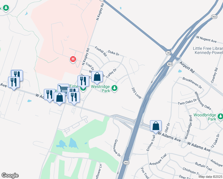 map of restaurants, bars, coffee shops, grocery stores, and more near 301-499 East Ridge Boulevard in Temple