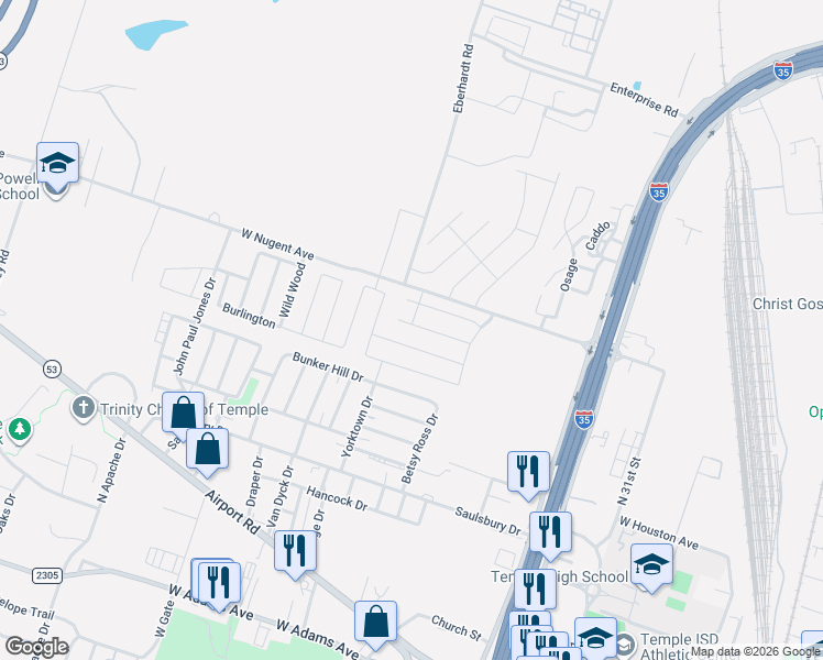 map of restaurants, bars, coffee shops, grocery stores, and more near 2320 Vicksburg Lane in Temple