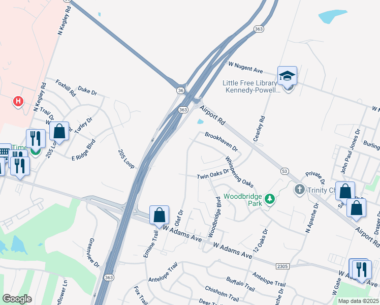 map of restaurants, bars, coffee shops, grocery stores, and more near 607 Olaf Drive in Temple