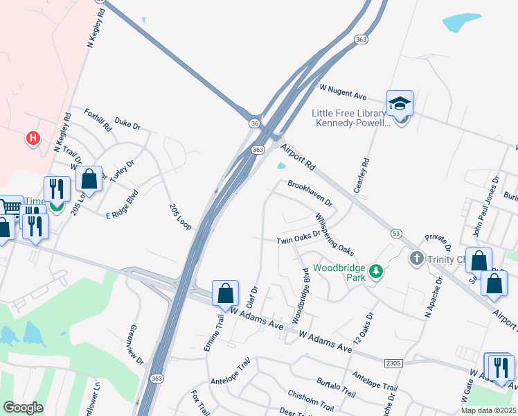 map of restaurants, bars, coffee shops, grocery stores, and more near 607 Olaf Drive in Temple