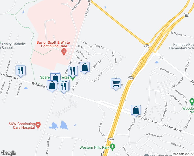 map of restaurants, bars, coffee shops, grocery stores, and more near 301-499 East Ridge Boulevard in Temple