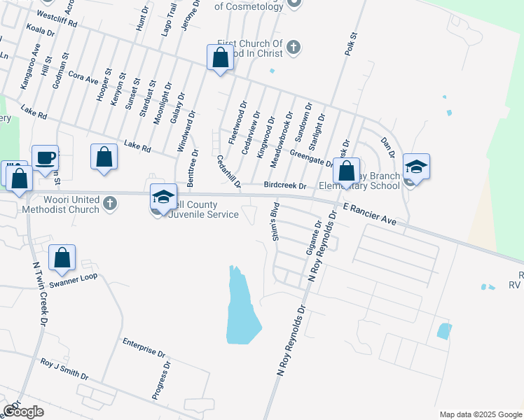 map of restaurants, bars, coffee shops, grocery stores, and more near 1516 Shim's Boulevard in Killeen