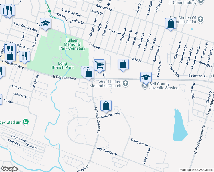 map of restaurants, bars, coffee shops, grocery stores, and more near 1006 Eastside Drive in Killeen