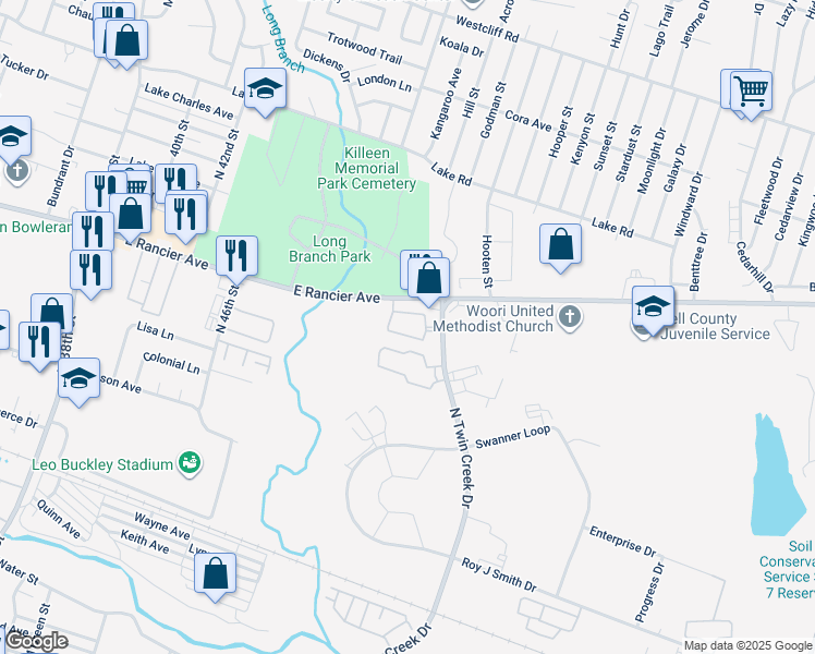 map of restaurants, bars, coffee shops, grocery stores, and more near 1101 North Twin Creek Drive in Killeen