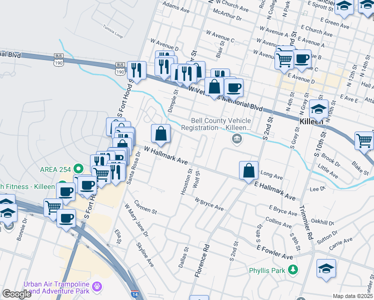 map of restaurants, bars, coffee shops, grocery stores, and more near 505 West Hallmark Avenue in Killeen