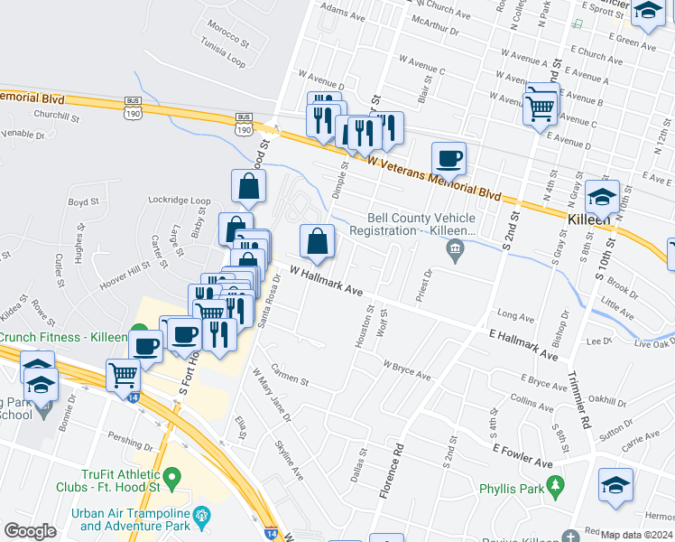map of restaurants, bars, coffee shops, grocery stores, and more near 620 Raymond Street in Killeen