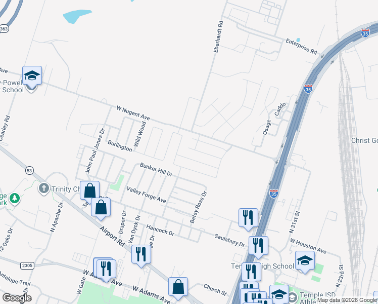 map of restaurants, bars, coffee shops, grocery stores, and more near 2501 Vicksburg Lane in Temple