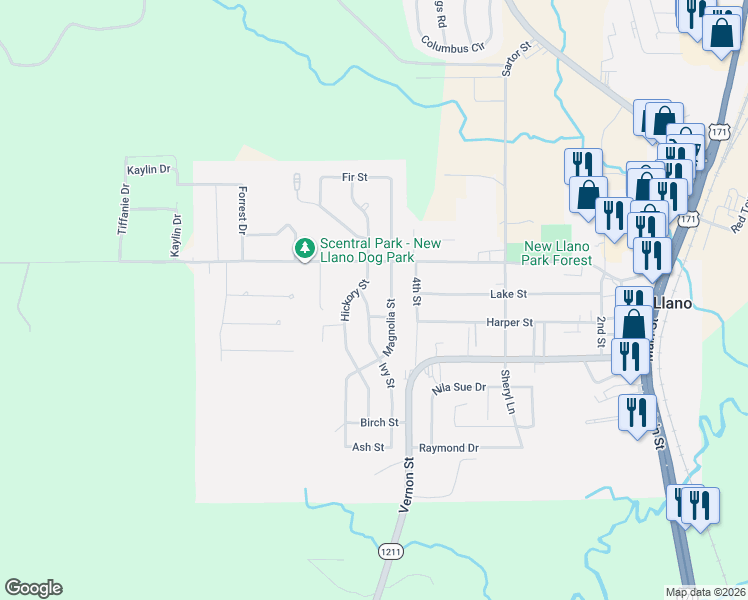 map of restaurants, bars, coffee shops, grocery stores, and more near 314 Ivy Street in New Llano