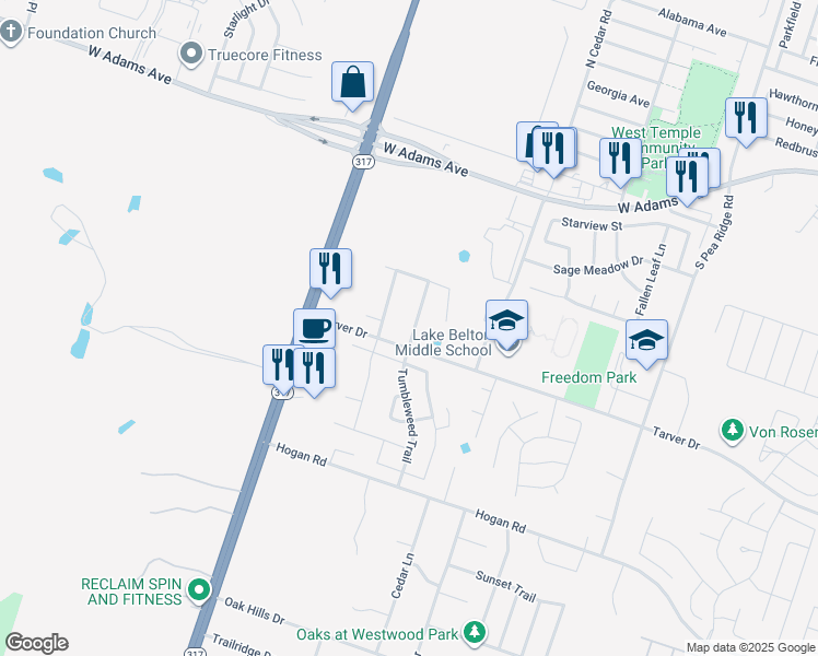 map of restaurants, bars, coffee shops, grocery stores, and more near 816 Tumbleweed Trail in Temple