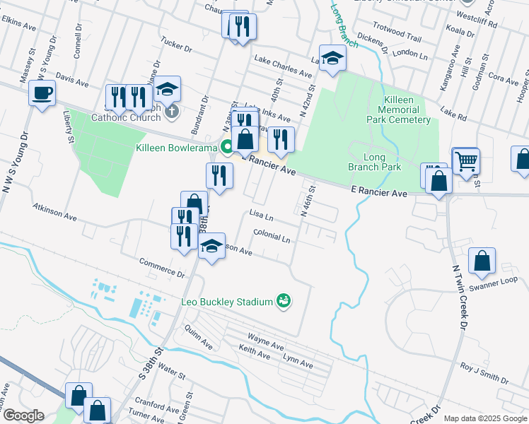 map of restaurants, bars, coffee shops, grocery stores, and more near 716 Lisa Lane in Killeen