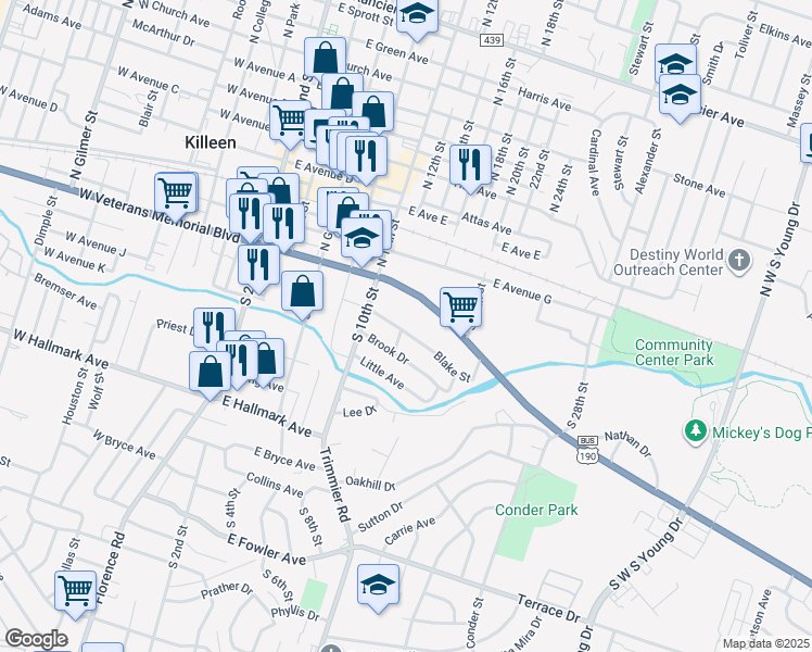 map of restaurants, bars, coffee shops, grocery stores, and more near 606 Blake Street in Killeen