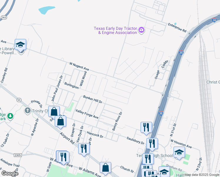 map of restaurants, bars, coffee shops, grocery stores, and more near 2501 Vicksburg Lane in Temple