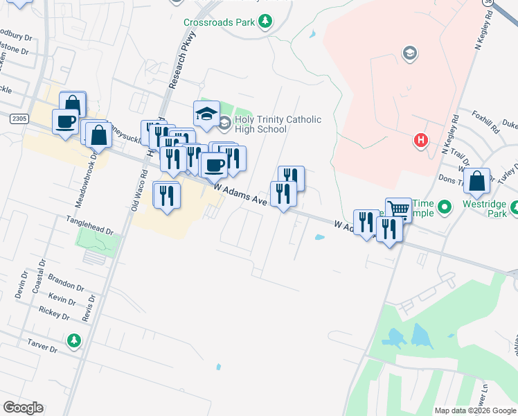 map of restaurants, bars, coffee shops, grocery stores, and more near 9 Burnham Drive in Temple