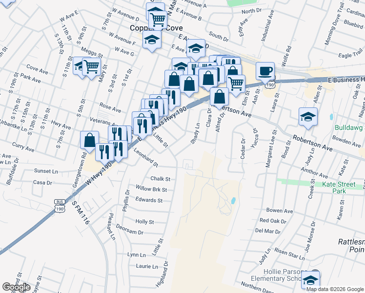 map of restaurants, bars, coffee shops, grocery stores, and more near 811 Shady Lane in Copperas Cove