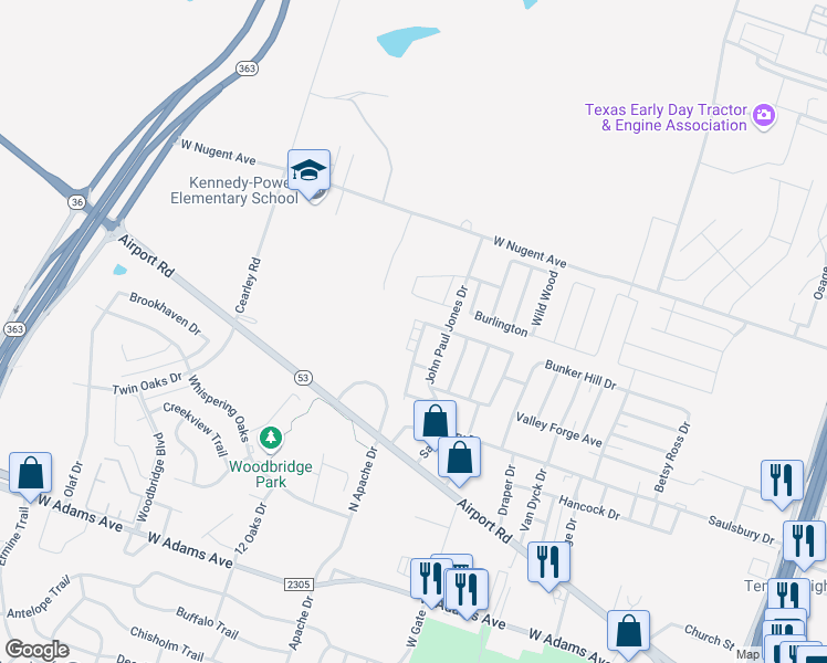 map of restaurants, bars, coffee shops, grocery stores, and more near 808 Ticonderoga Drive in Temple