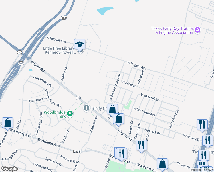 map of restaurants, bars, coffee shops, grocery stores, and more near 808 Ticonderoga Drive in Temple