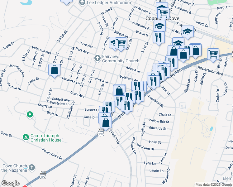 map of restaurants, bars, coffee shops, grocery stores, and more near 448 Town Square in Copperas Cove