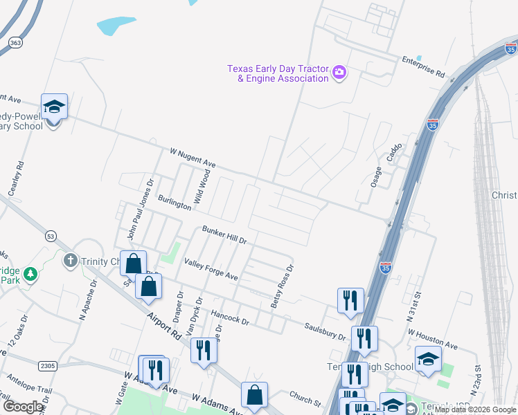 map of restaurants, bars, coffee shops, grocery stores, and more near 1109 Wethersfield Lane in Temple