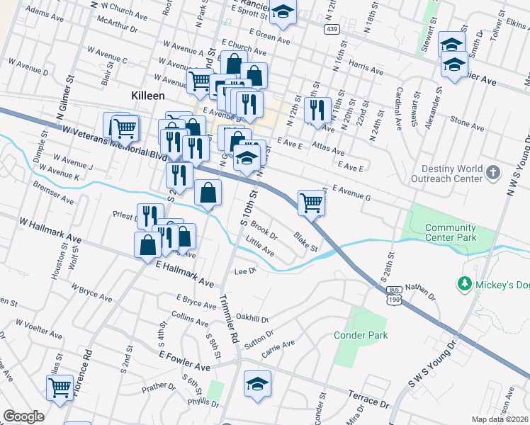 map of restaurants, bars, coffee shops, grocery stores, and more near 509 Brook Drive in Killeen
