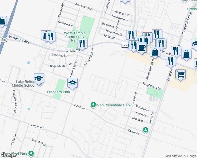 map of restaurants, bars, coffee shops, grocery stores, and more near 704 Copper Ridge Loop in Temple