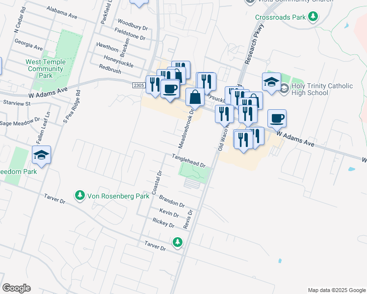 map of restaurants, bars, coffee shops, grocery stores, and more near 313 Meadowbrook Drive in Temple
