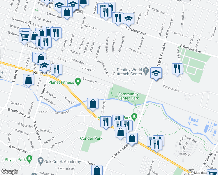 map of restaurants, bars, coffee shops, grocery stores, and more near 24 South 28th Street in Killeen