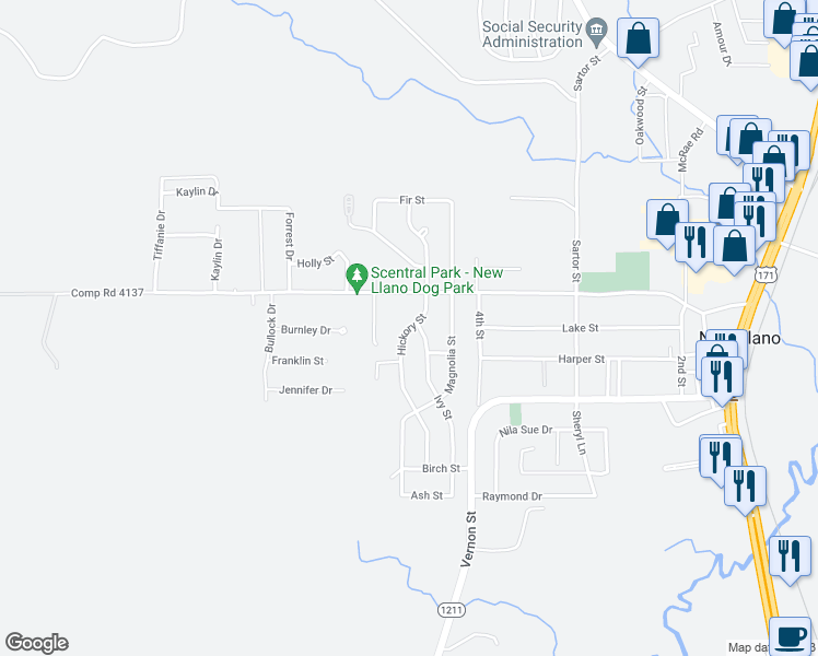 map of restaurants, bars, coffee shops, grocery stores, and more near Hickory Street in Newllano