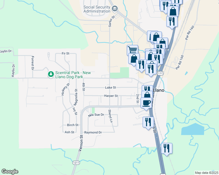 map of restaurants, bars, coffee shops, grocery stores, and more near 301 3rd Street in Newllano