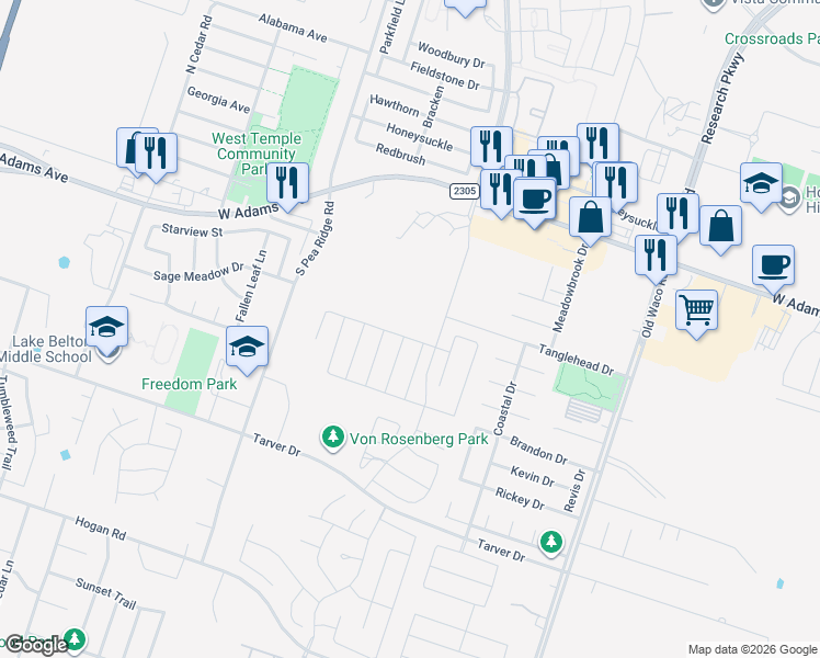 map of restaurants, bars, coffee shops, grocery stores, and more near 8015 West Adams Avenue in Temple