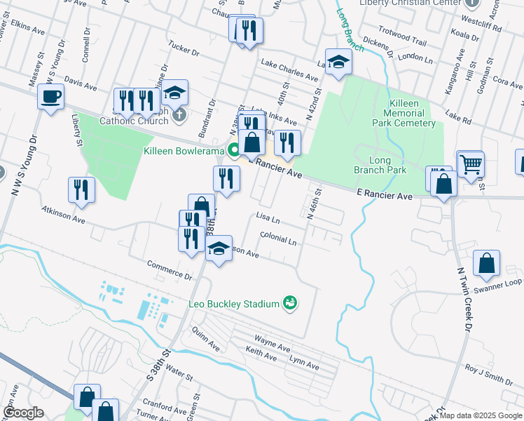 map of restaurants, bars, coffee shops, grocery stores, and more near 3300 East Rancier Avenue in Killeen