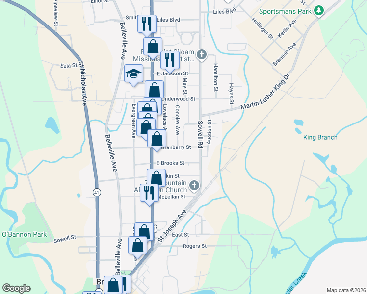 map of restaurants, bars, coffee shops, grocery stores, and more near 200 Oak Street in Brewton