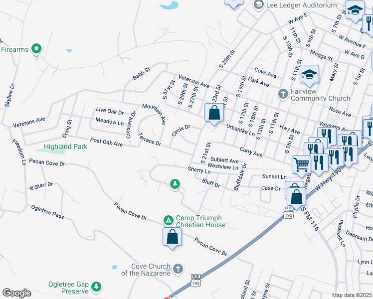 map of restaurants, bars, coffee shops, grocery stores, and more near 2104 Brantley Avenue in Copperas Cove