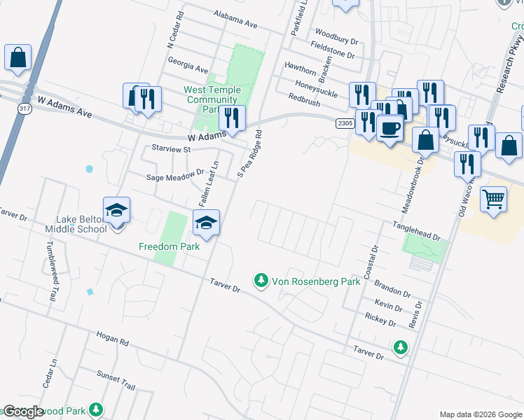 map of restaurants, bars, coffee shops, grocery stores, and more near 455-717 South Pea Ridge Road in Temple