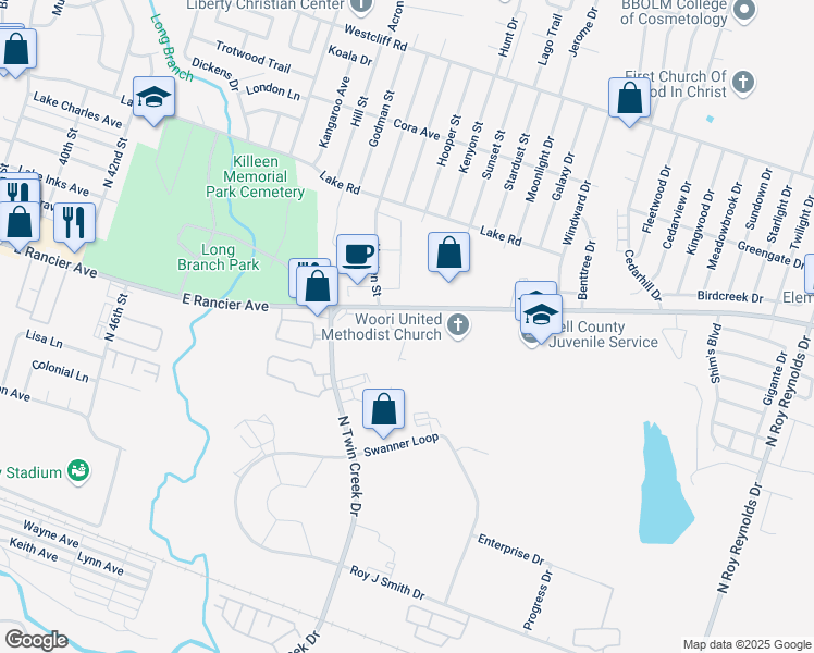 map of restaurants, bars, coffee shops, grocery stores, and more near 4428 East Rancier Avenue in Killeen