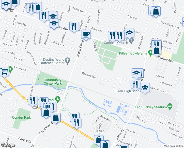 map of restaurants, bars, coffee shops, grocery stores, and more near 2301 Atkinson Avenue in Killeen