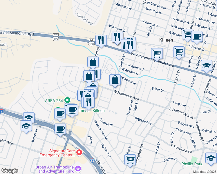 map of restaurants, bars, coffee shops, grocery stores, and more near 805 Safady Avenue in Killeen