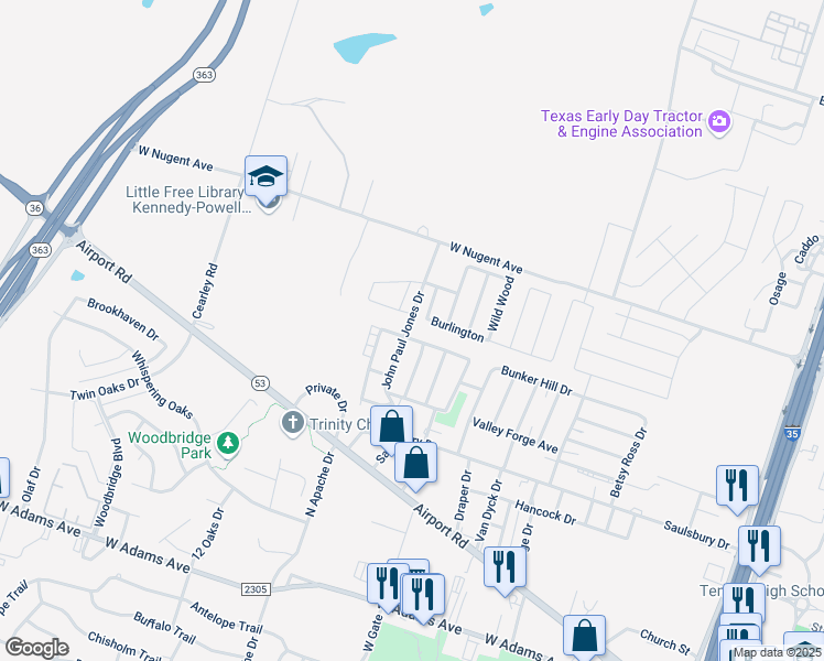 map of restaurants, bars, coffee shops, grocery stores, and more near 1016 Providence Park in Temple