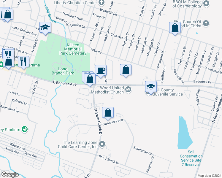 map of restaurants, bars, coffee shops, grocery stores, and more near 4428 East Rancier Avenue in Killeen
