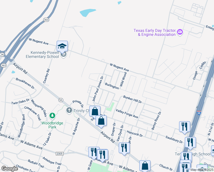 map of restaurants, bars, coffee shops, grocery stores, and more near 3021 Burlington in Temple