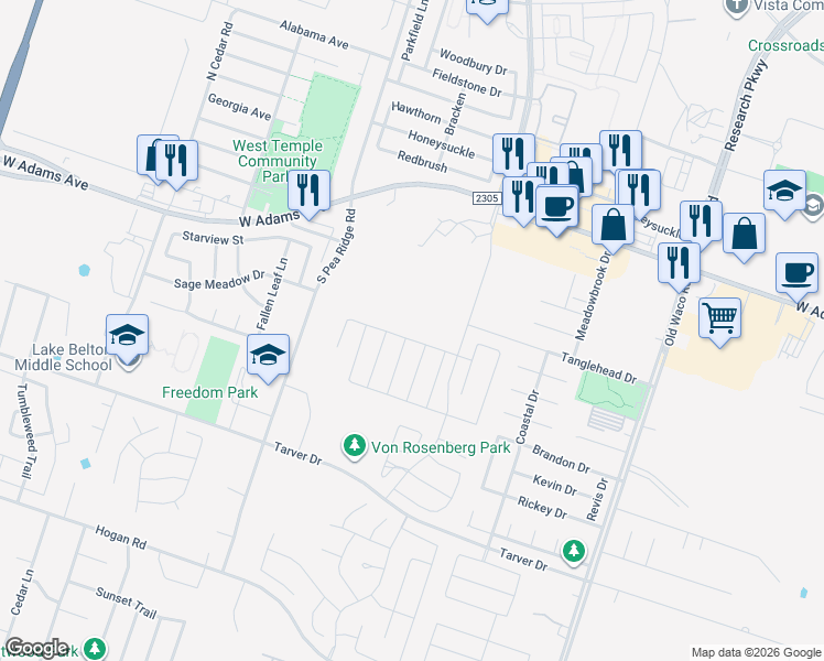 map of restaurants, bars, coffee shops, grocery stores, and more near 8015 W Adams Ave in Temple