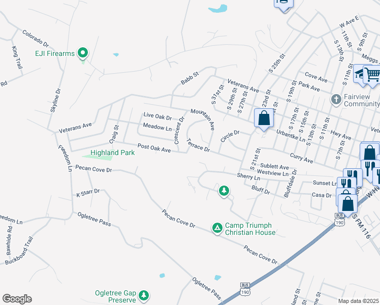 map of restaurants, bars, coffee shops, grocery stores, and more near 2301 Terrace Drive in Copperas Cove